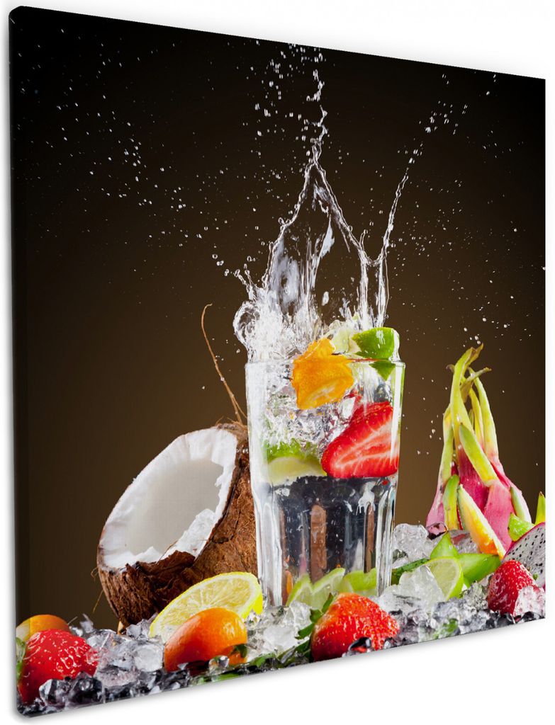 Wallario Premium Leinwandbild Tropische Früchte in einem erfrischenden Drink in Größe 50 x 50 cm