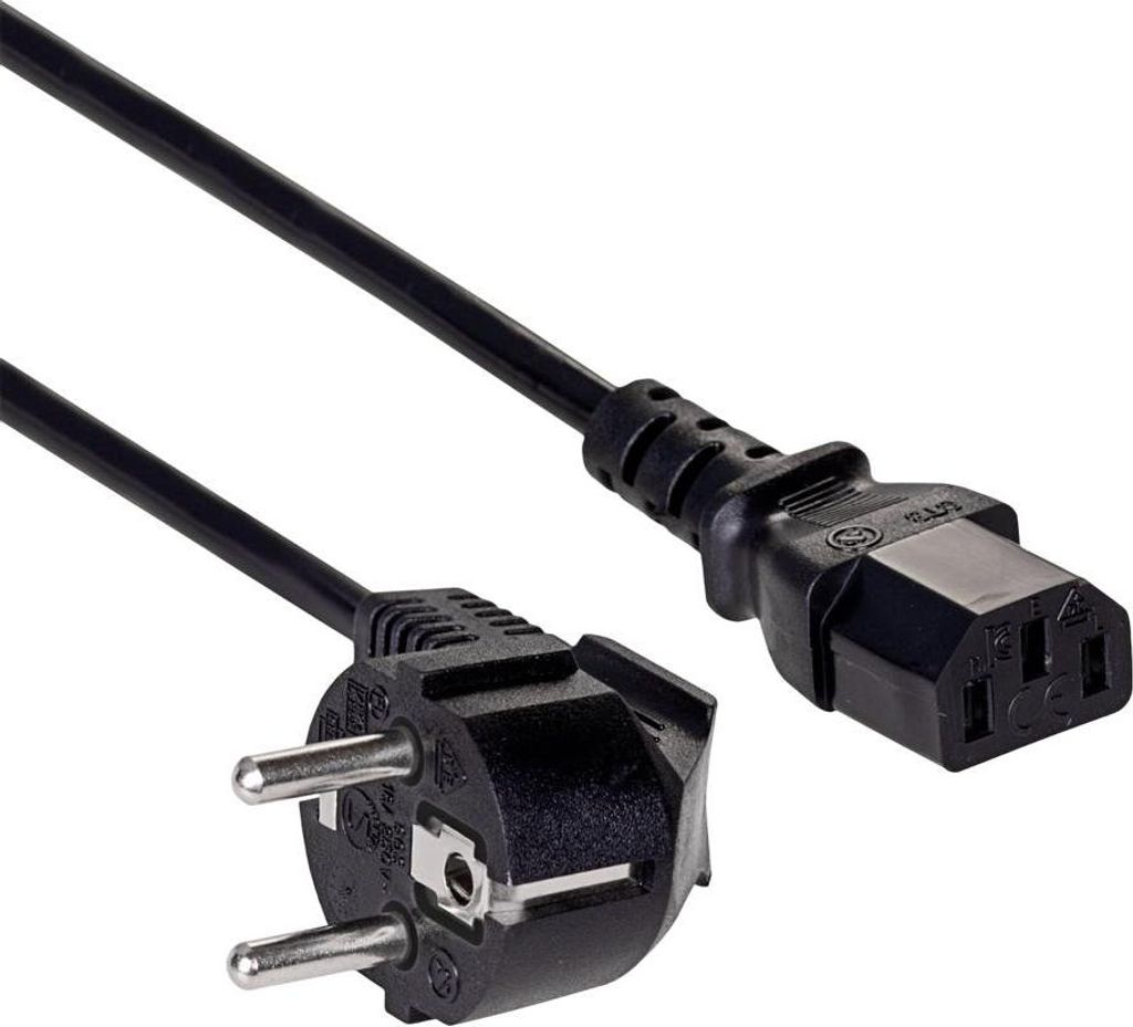 A black power cord with two different types of plugs on either end, shown against a white background.