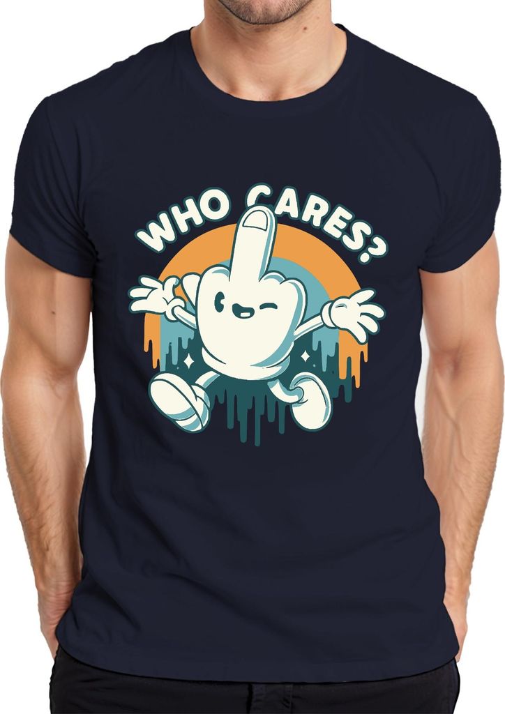 Who Cares Mittelfinger Cartoon frech Retro Vintage 90er Skater Herren T-Shirt, Navy, L