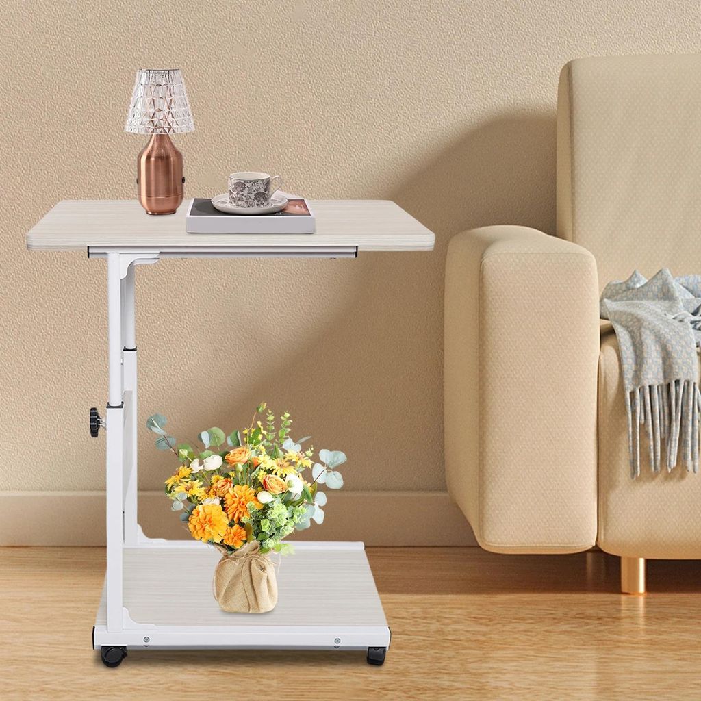 Beistelltisch in C-Form - Rollbarer Laptop-Tisch - Höhenverstellbar 55–80 cm - 50×35 cm - 4 Rollen mit Bremse - Stoppkante - MDF & Stahl - Weiß