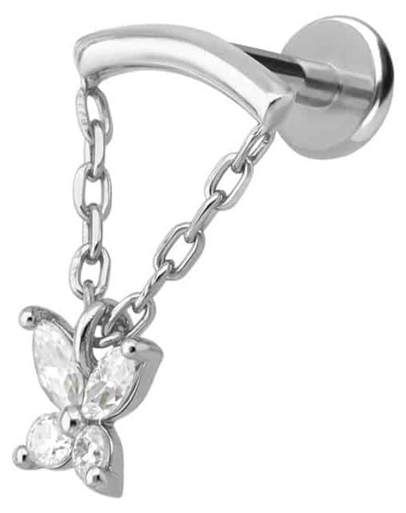 Ohrpiercing, Nasenpiercing Titan Labret mit Innengewinde + 925er Silber Aufsatz MOISSANIT-SCHMETTERLING+ BOGEN + KETTE WeißGold Stablänge: 6mm | ...