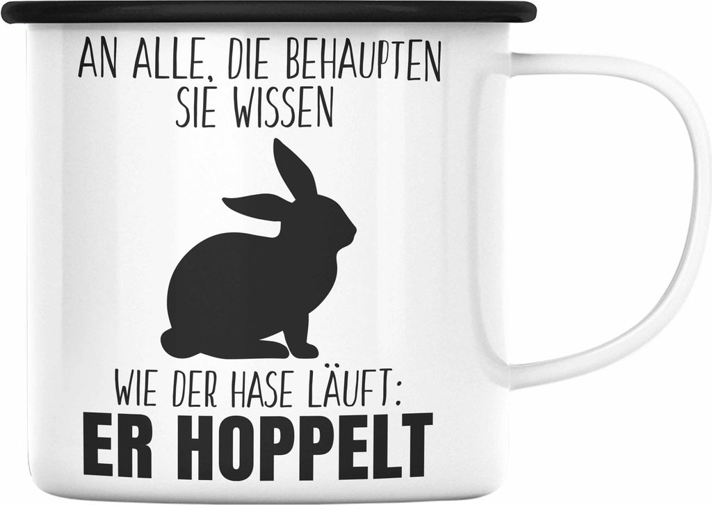 Trendation - Lustiger Spruch Emaille Tasse Geschenk Der Hase Hoppelt Witzig Lustig Geschhnkidee Ostern (Schwarz)