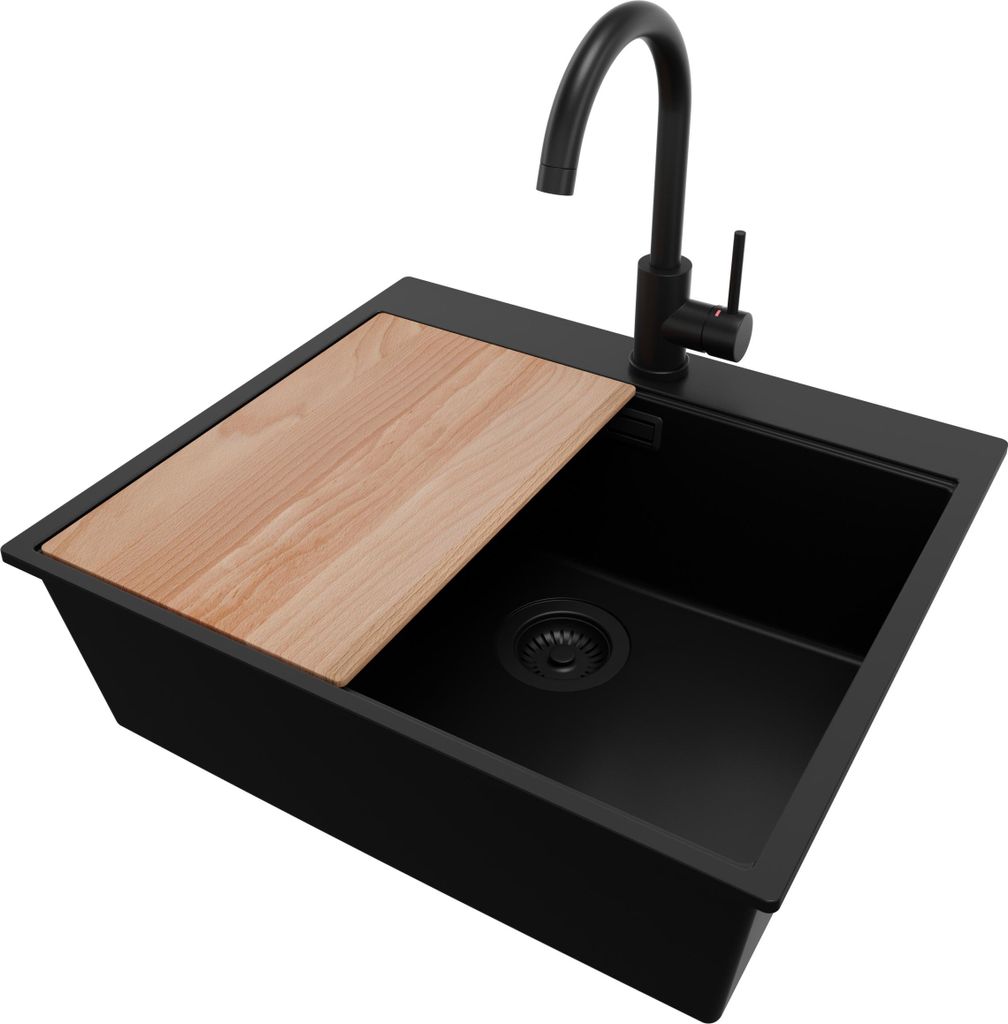 PRIMAGRAN Granitspüle Alles Schwarz 58x50cm, Spülbecken 1 Becken + Küchenarmatur 32x20cm + Ablauf-Set + Schneidebrett, Küchenspüle ab 60er Unt...