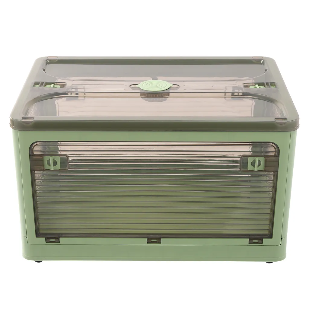 Caisse de rangement pliable empilable avec accès frontal et roulettes
