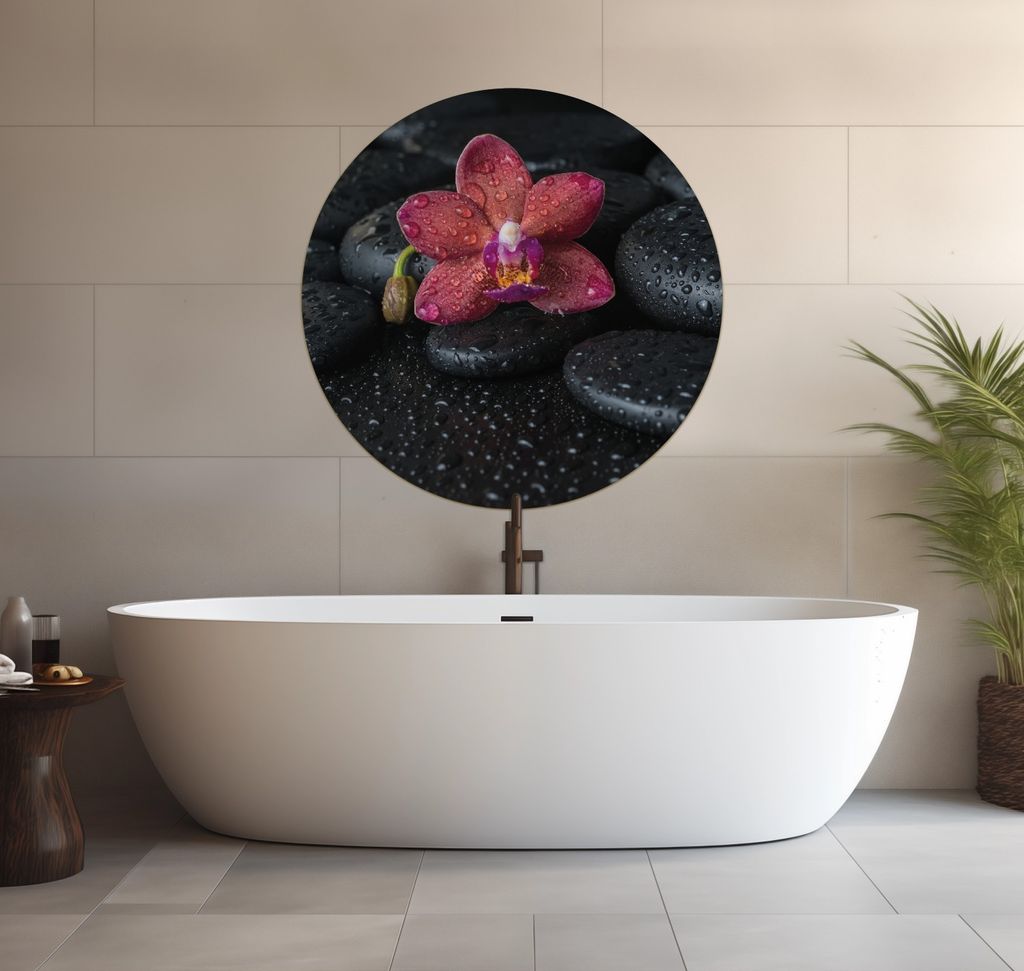 Wallario wasserfestes Poster selbstklebend 90 x 90 cm, Orchideen-Blüte auf schwarzen Steinen, benetzt mit Wasser-Tropfen, Badezimmerposter Spritzs...