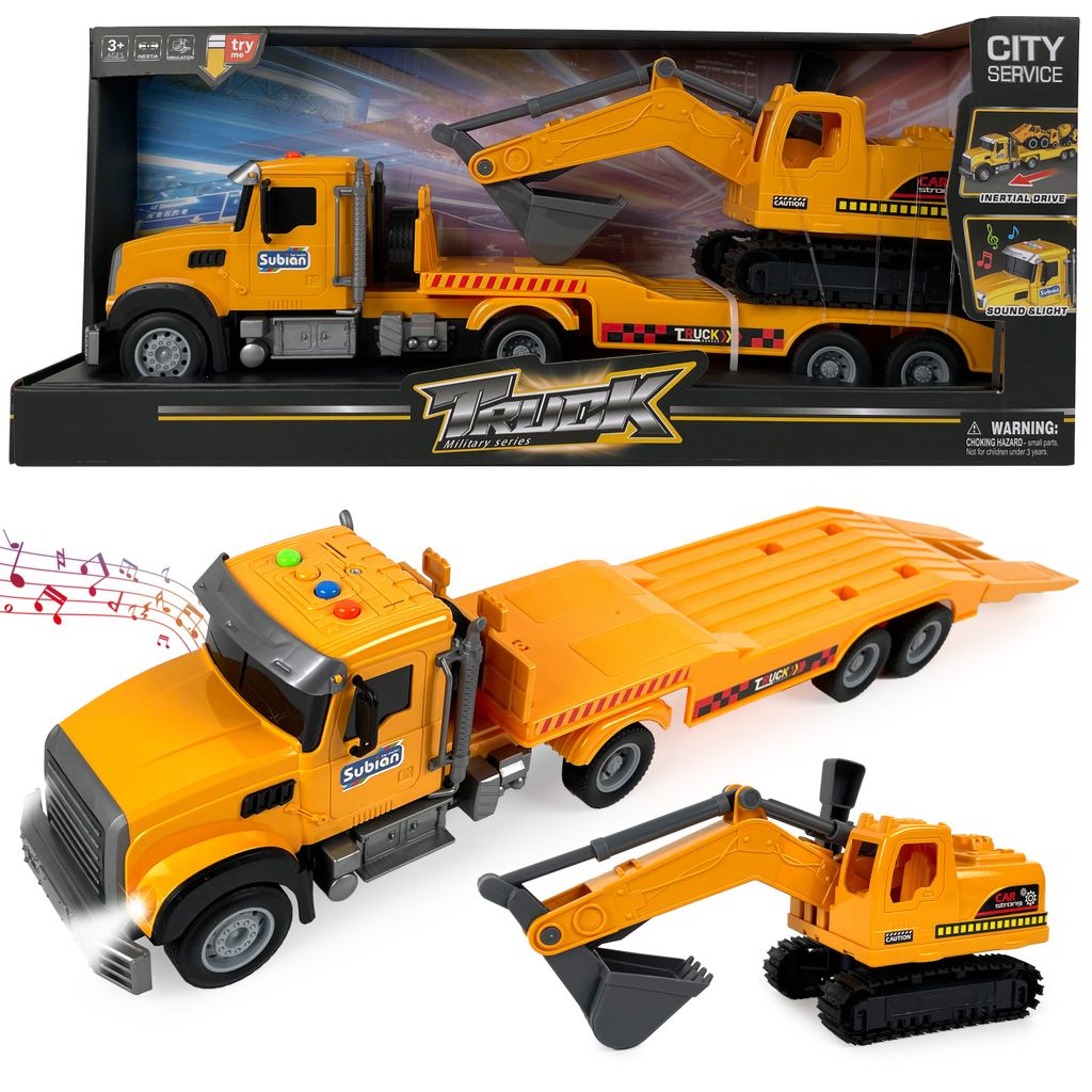 Großer Abschleppwagen mit Bagger – Baustellen Spielzeug mit Licht & Sound, Push-and-Go Transporter für Kinder ab 3 Jahren