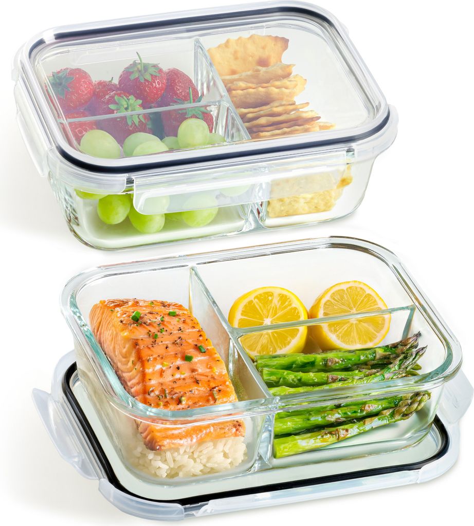 Meal Prep Boxen Glas 3 Fächer - Glasdosen 2er Set mit Deckel 1000ml - Luftdicht - BPA-Frei - Gefrierschrank & Mikrowellengeeignet