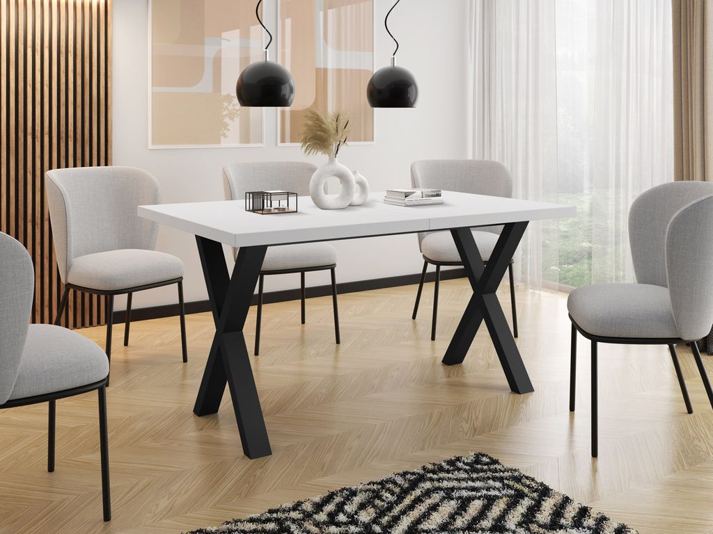 Rechteckiger Ausziehbarer Esstisch - Großer Modern-Stil Tisch mit schwarzen Metallbeinen 120 140 160 cm bis 220 240 260 cm - 160 x 90 cm - Weiß