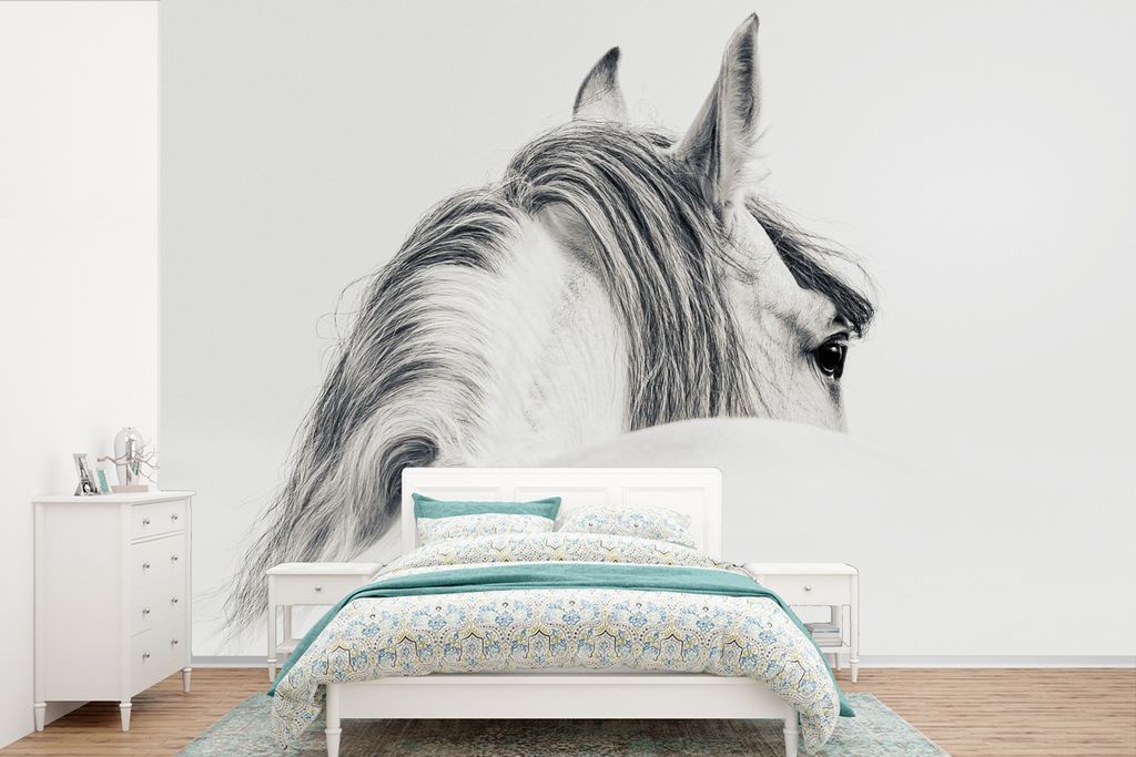 MuchoWow Fototapete für Wohnzimmer oder Schlafzimmer Wandtapete Vinyl Motivtapete Pferd - Weiß - Tier - 600x400 cm - Vinyltapeten