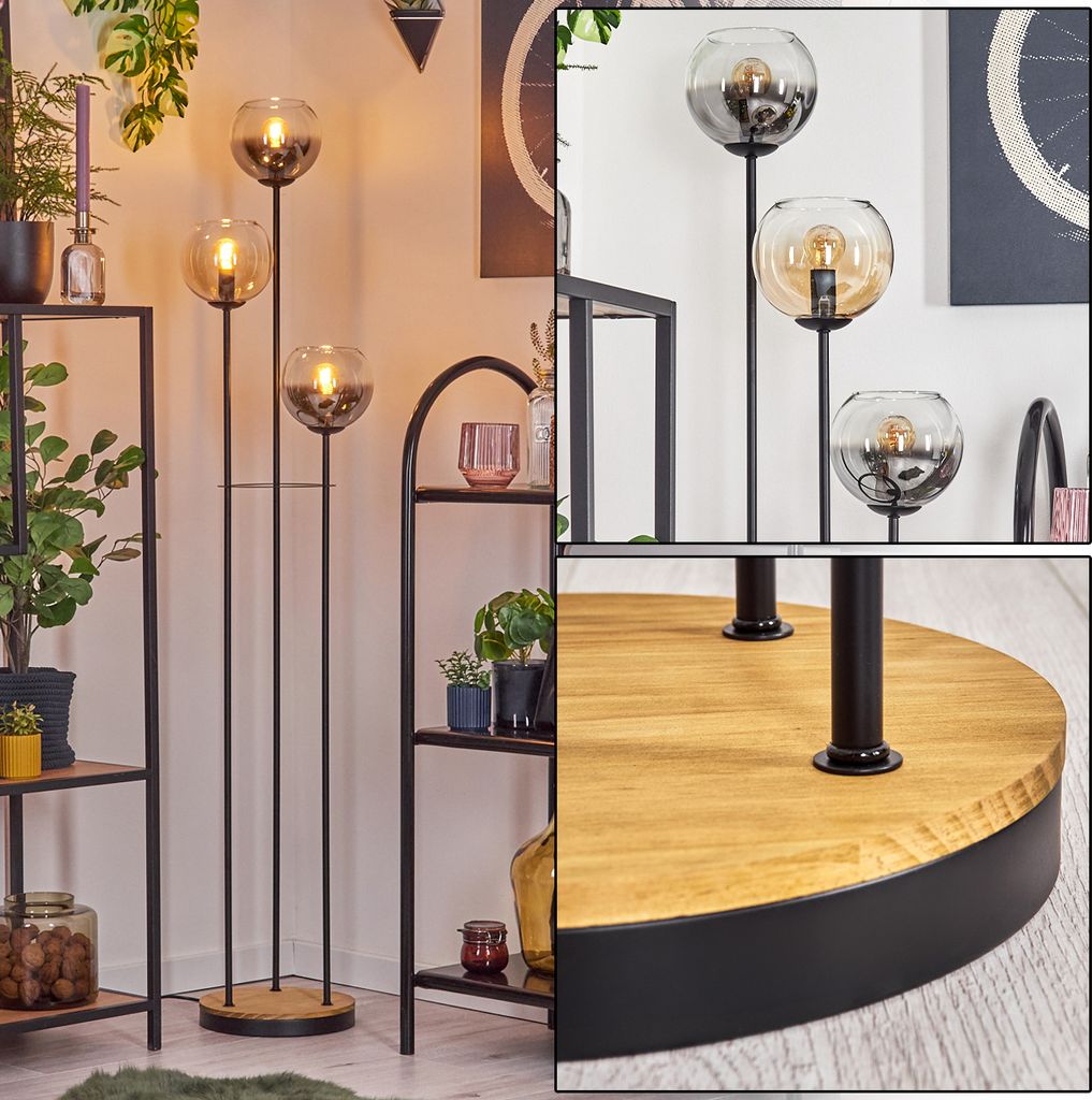 Cesaro Stehlampe aus Metall/Holz/Glas, Schwarz/Hellbraun/Rauch/Bernstein/Klar