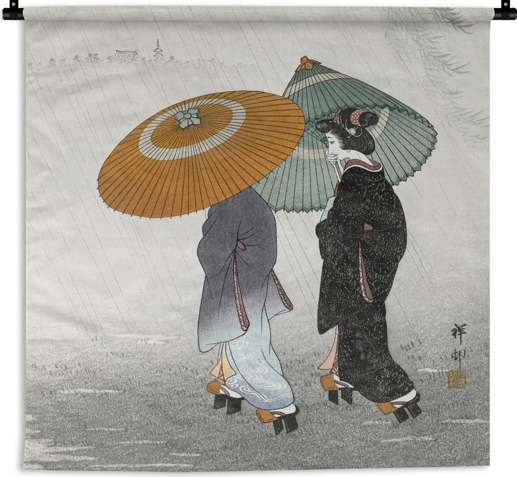 MuchoWow Wandteppich Wandbehang Frauen - Sonnenschirm - Kimono - Japandi - Vintage 90x90 cm Tapisserie Dekoration Wandtuch - Wandaufhänger