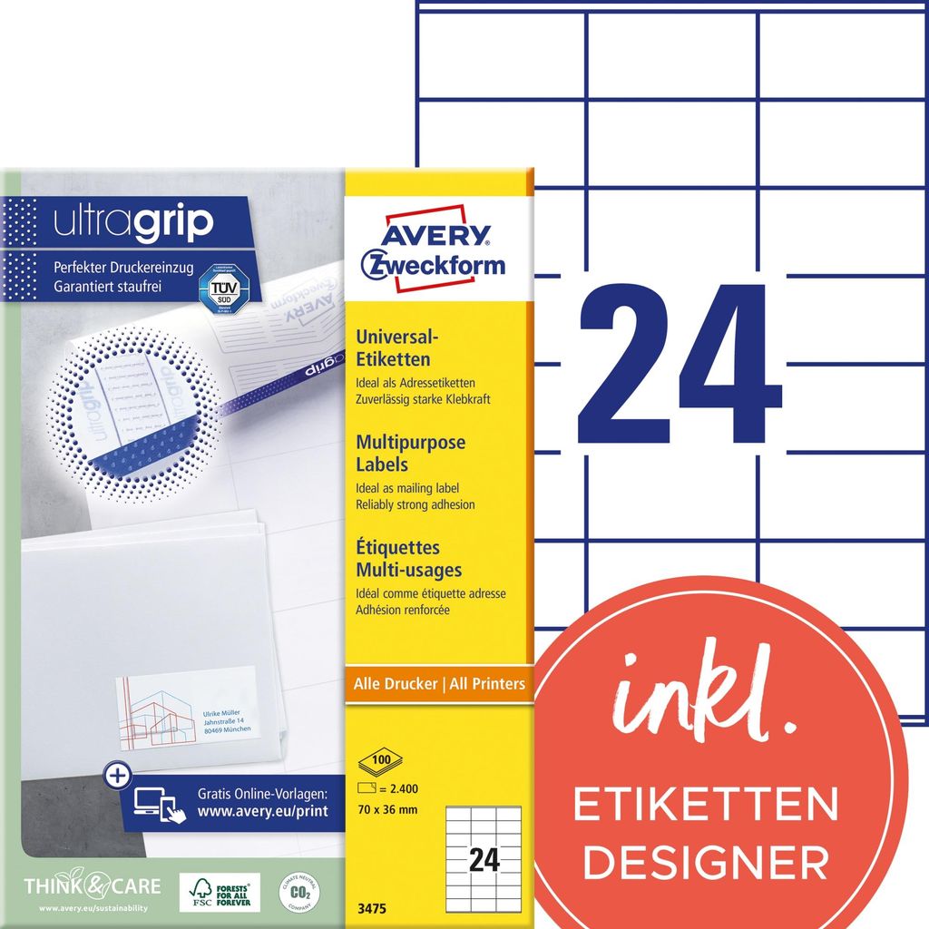 Avery Zweckform 3475 Universal-Etiketten, 70 x 36 mm, Produktbild 