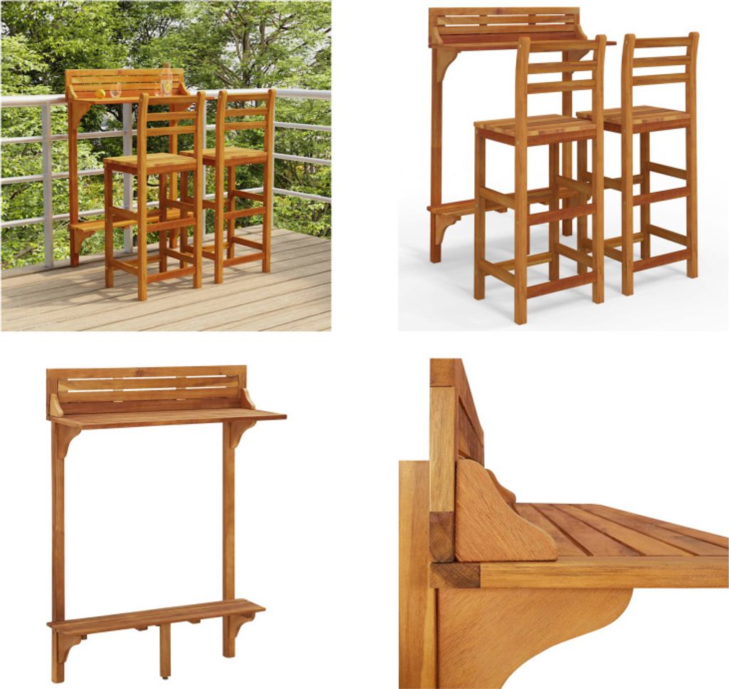 vidaXL 3 tlg. Balkonbar Set Massivholz Akazie - Balkon-Bar-Set - Balkon-Bar-Sets - Outdoor-Bar-Set - Gartentisch Und -Stuhl