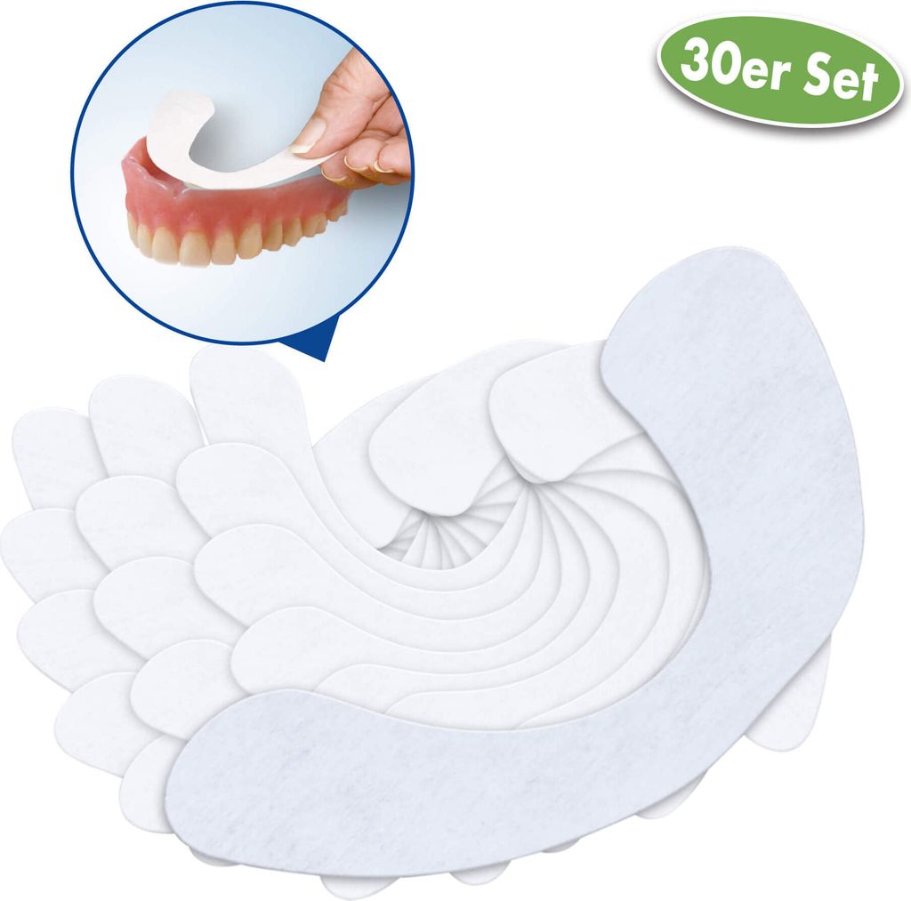 A close-up inset image shows a hand placing a denture liner onto a set of dentures. The main image displays a fanned-out pile of denture liners.