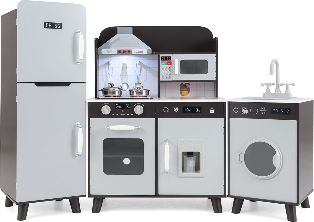 COSTWAY 3 in 1 Kinderküche, Kinder Küche Holz mit Zubehör, Kühlschrank, Waschmaschine & Mikrowelle, Spielküche mit Licht & Sound für Kinder 3...