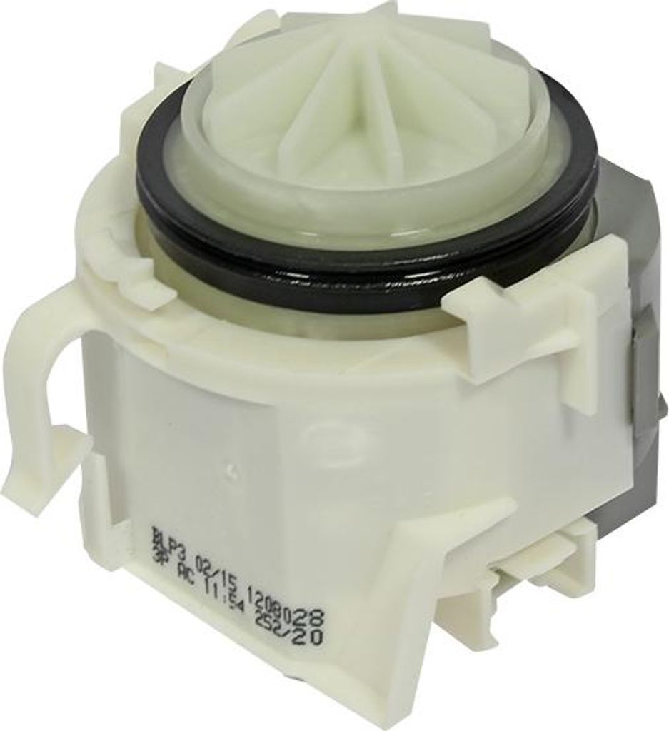A close-up studio shot of a washing machine drain pump.