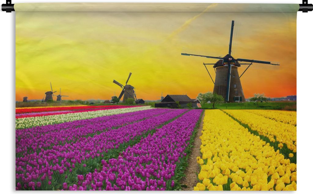 MuchoWow Wandteppich Wandbehang Windmühle - Tulpen - Blumen - Frühling 120x80 cm Tapisserie Dekoration Wandtuch - Wanddekorationen - Wandtücher