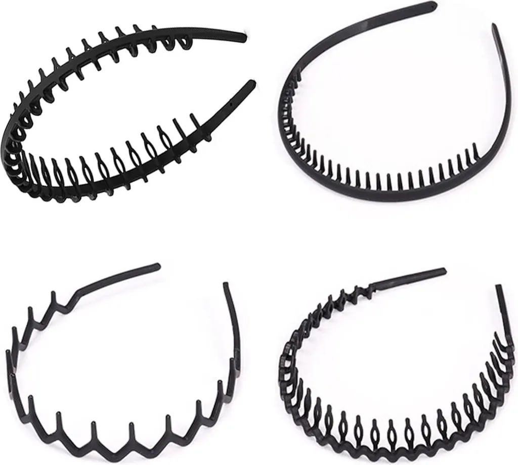 Set de 4 Bandeaux Cheveux Élastiques Noir Mat Antidérapants pour le Sport