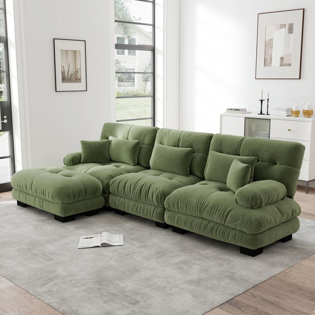 s Modulares Ecksofa L-Form Cloud Couch Chenille Wohnlandschaft mit Ottoman Hocker tiefes umwandelbares Schlafsofa kein Aufbau Grün