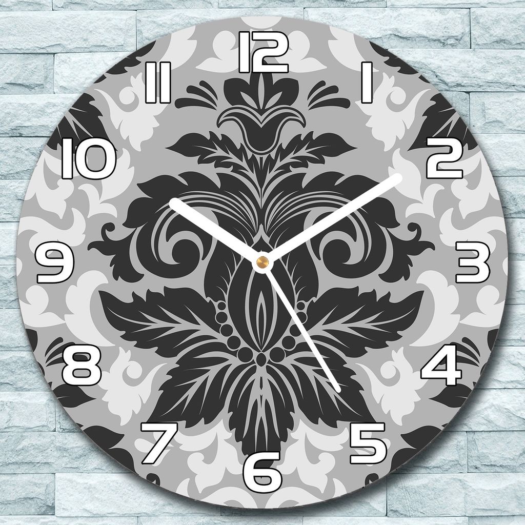 Wanduhr aus Glas Rund fi 30 Damask Weiß Grau Quarz Deko Schlafzimmer Büro