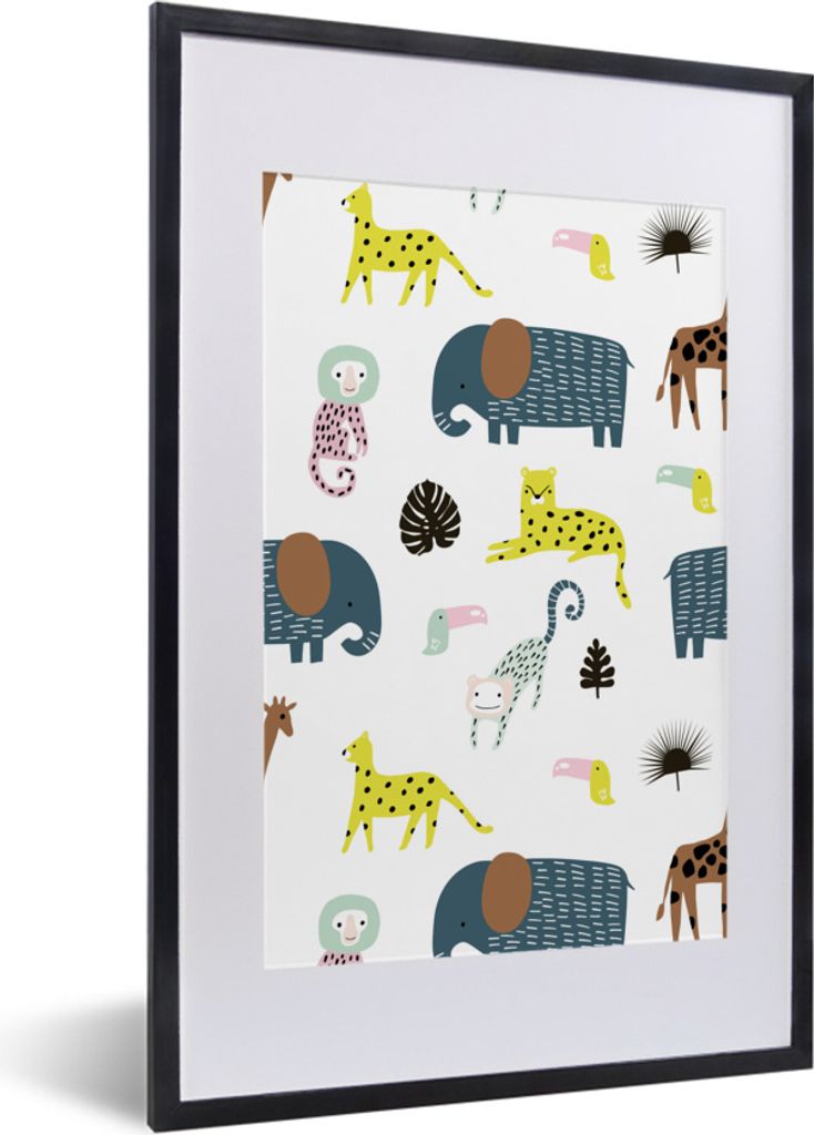 MuchoWow MuchoWow Gerahmtes Poster Tiere - Elefant - Affe - Weiß 40x60 cm - Poster mit zchwarzem Bilderrahmen - Poster in Rahmen
