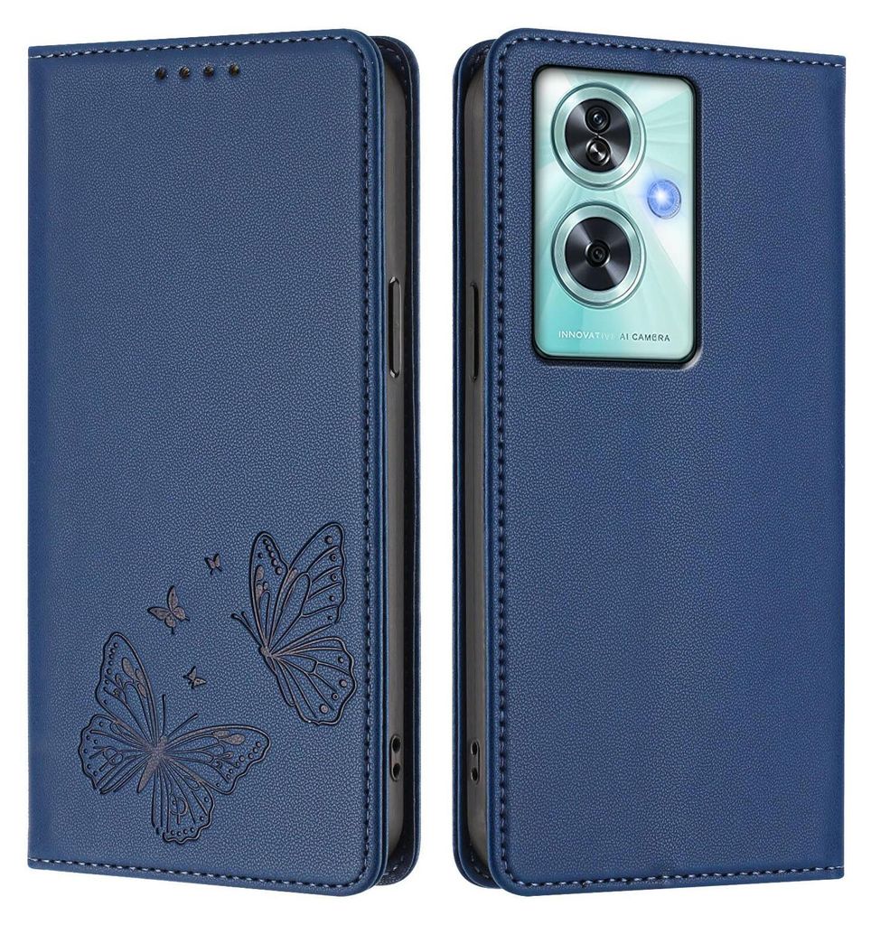 Lederhülle für OnePlus Nord N30 SE, Schmetterling Prägung Leder Brieftasche Schutzhülle mit Ständer Dunkelblau