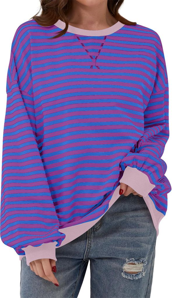 ASKSA Damen Sweatshirt Oversized Gestreift Farbblock Rundhals Langarmshirt Oberteile Herbst Y2K Shirt (Violett,S)