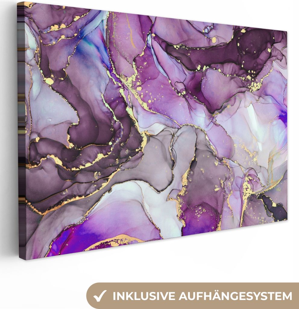 MuchoWow - Leinwandbilder - Marmor - Rosa - Lila - Gold, Wandbild, Wanddeko Bilder Wohnzimmer, 30x20 cm