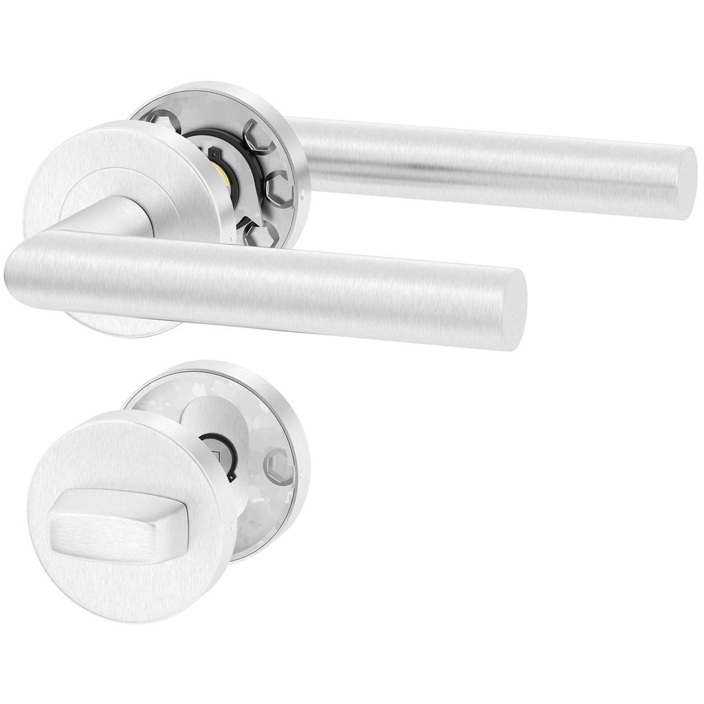 A set of brushed metal door handles and a WC lock mechanism, presented against a white background.