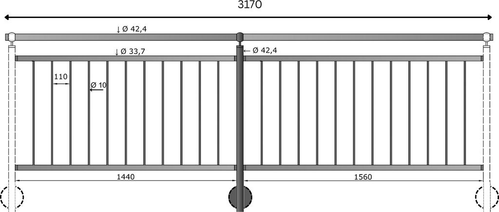 TIBU Geländer Edelstahl Balkongeländer Treppengeländer 0,8-6m senkrechte Streben seitliche Montage, Länge 3170 mm mit Seitenabstand 30 mm