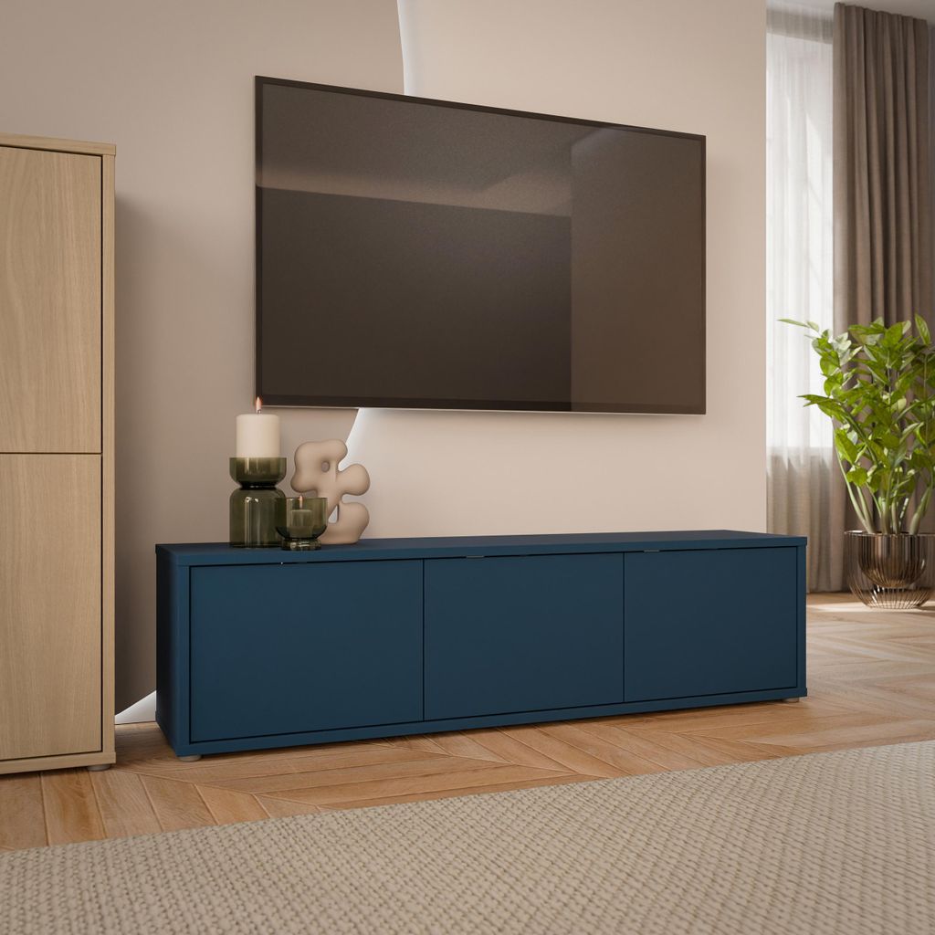 Forte ALICE SPRINGS TV-Schrank 150, modern-minimalistisch, 3-türig, Lowboard, Wohnzimmer, Holzwerkstoff, Nachtblau, 154,2 cm breit x 41,5 cm hoch ...