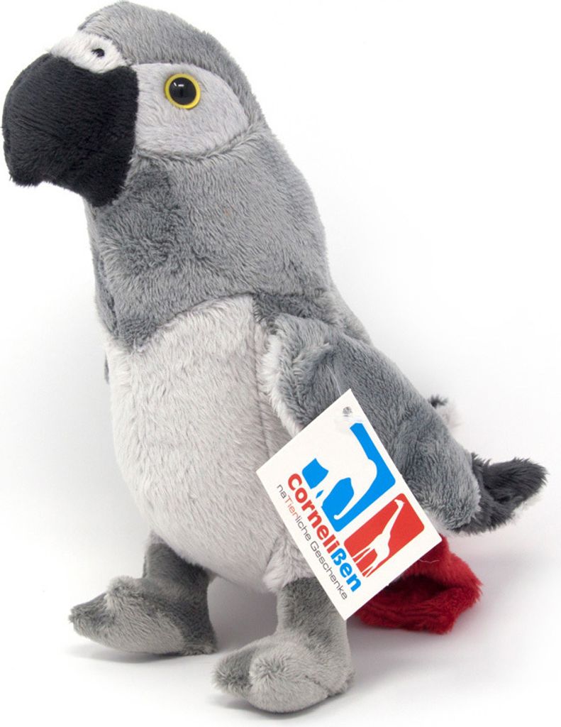 A plush toy parrot is shown against a white background.