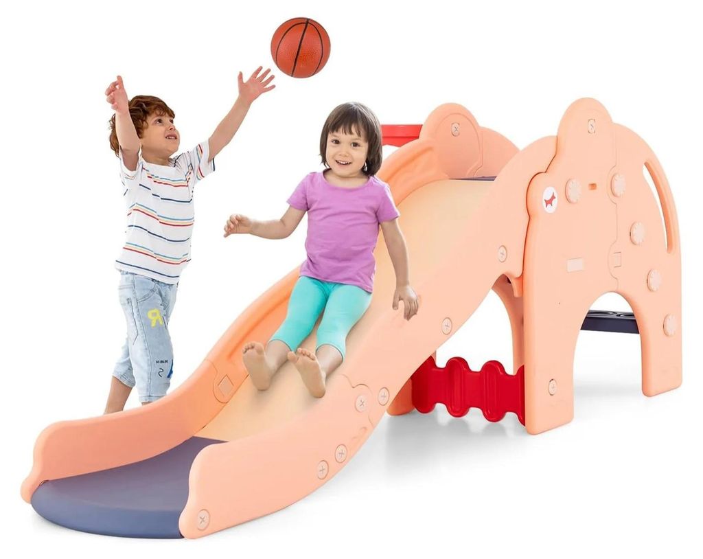 Kinderrutsche - 4-in-1 Spielset - Tunnel - Basketballkorb - Leiter - Elefantendesign - Für 6-12 Jahre - Rosa