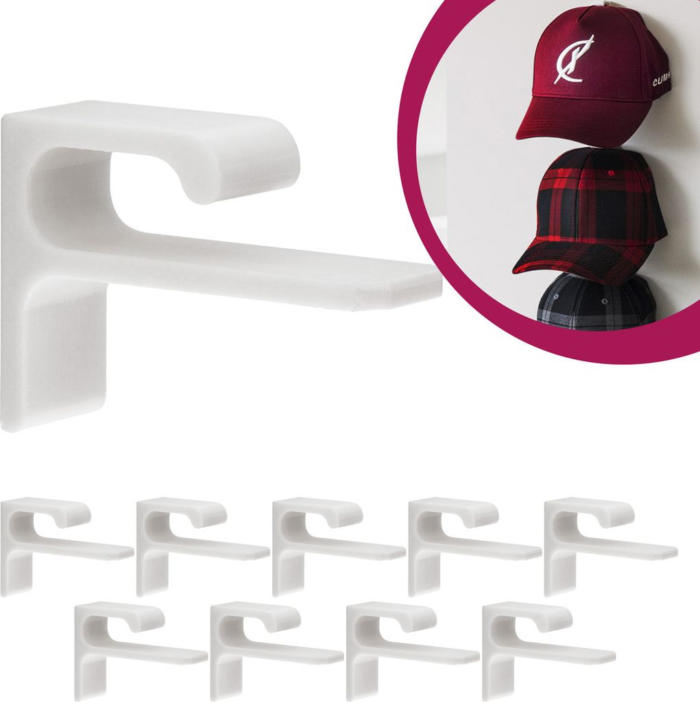 A white cap holder is shown on the left, and a collage of cap holders and caps is shown on the right.