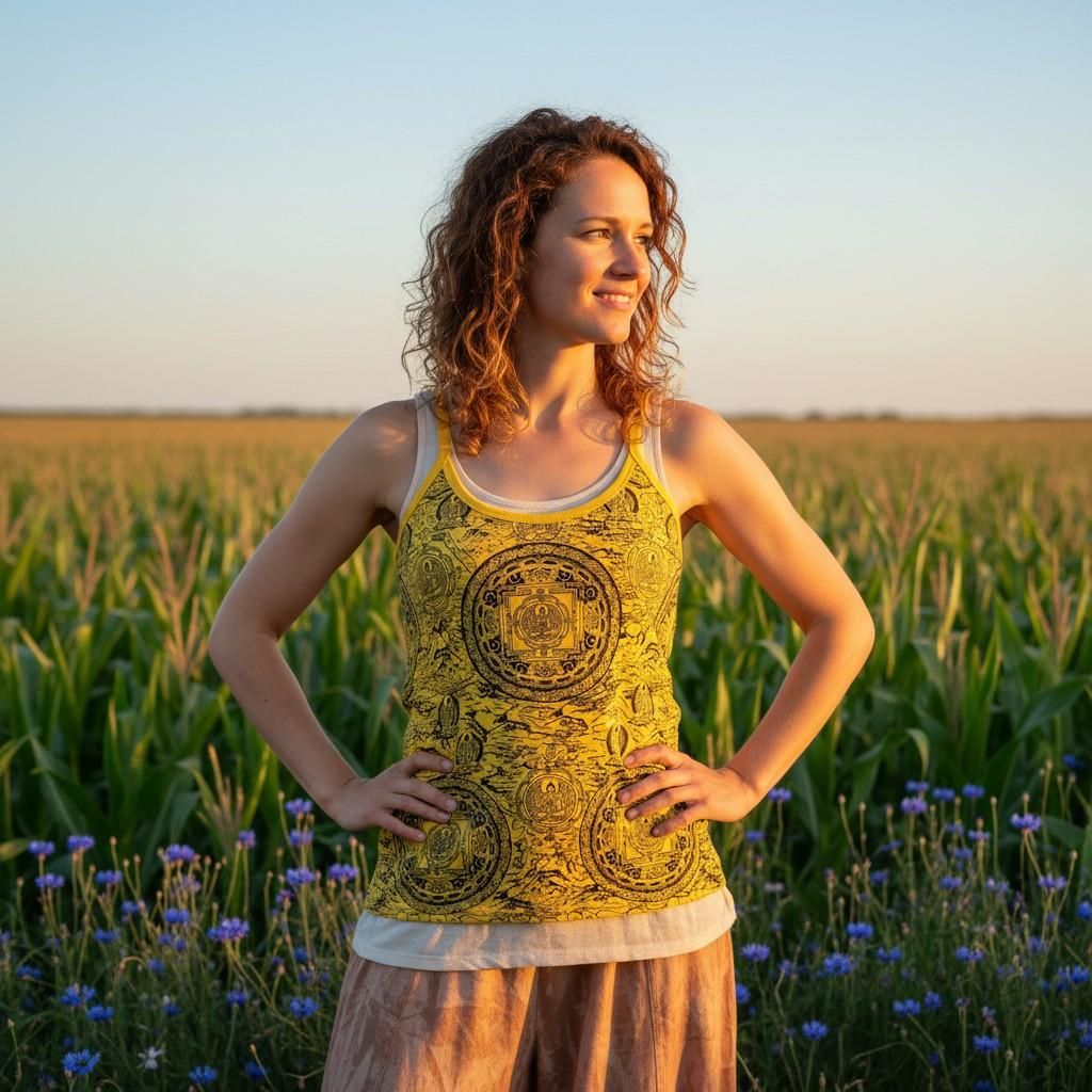 Yoga Top Mandala, Boho StonewashTop, Goastyle Sommertop - Gelb, Damen, Baumwolle, Größe: M/L