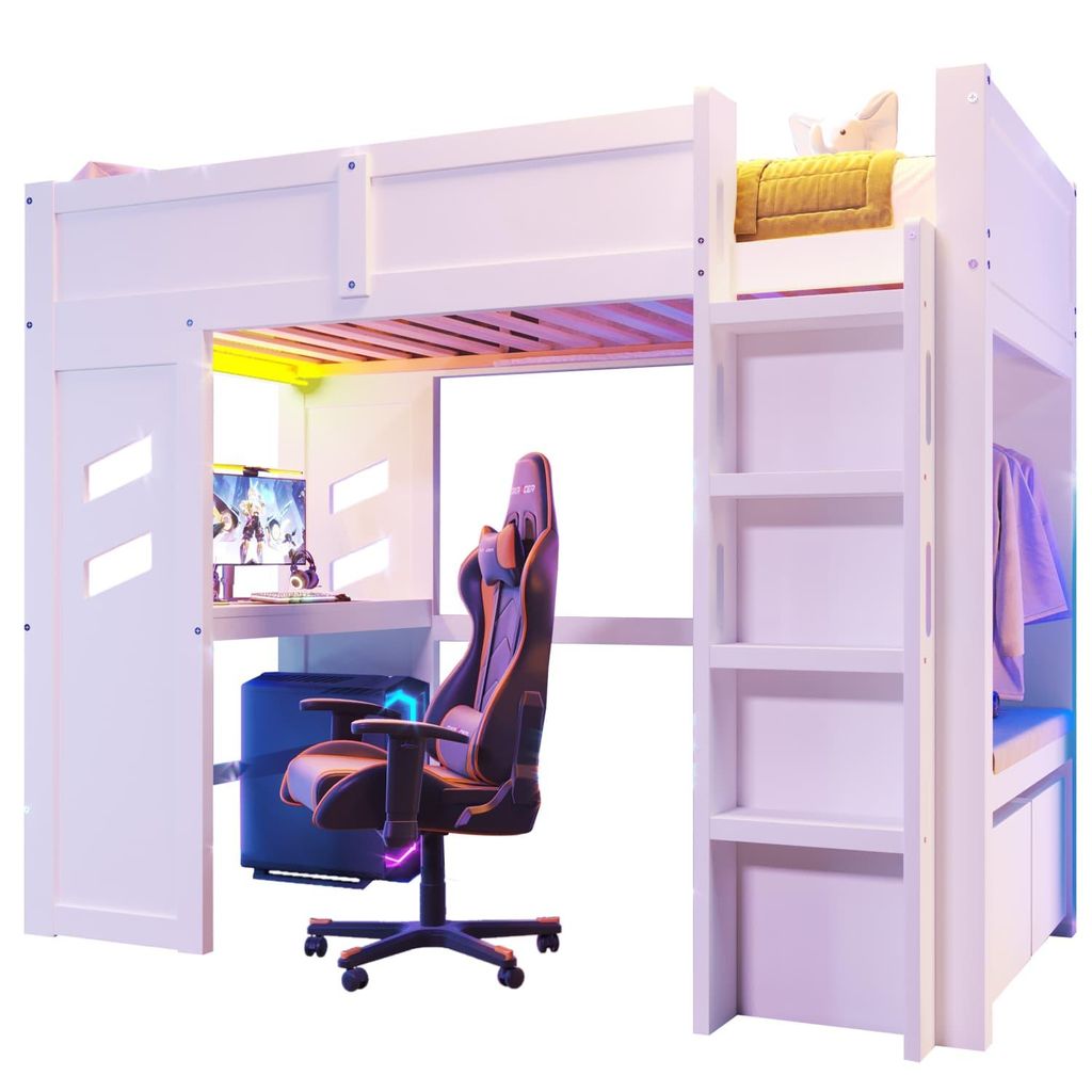 Hochbett,Gaming Bett mit Schreibtisch,Mit LED-Leuchten,1 USB-Anschlüssen, 1 Typ-C ausgestattet, Leiter, Schreibtisch, Schublade, Wäscheständer