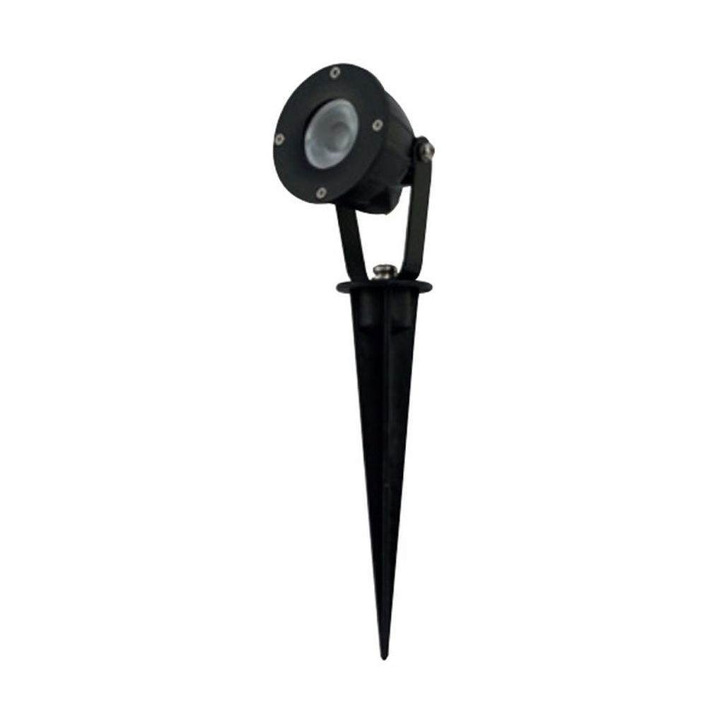 A black garden spotlight with a spike for ground insertion, shown against a white background.