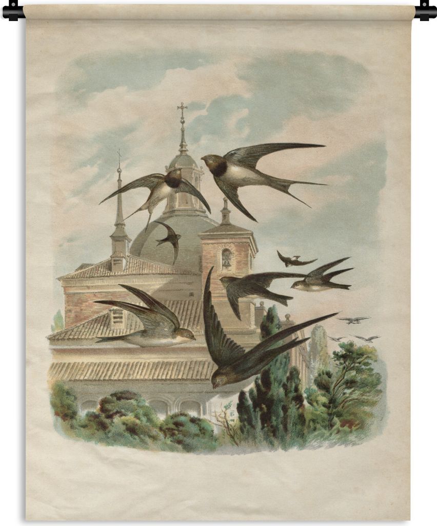 MuchoWow Wandteppich Wandbehang Antiker Vogeldruck Schwalben 60x80 cm Tapisserie Dekoration Wandtuch - Decke - Wandtücher - Wohne