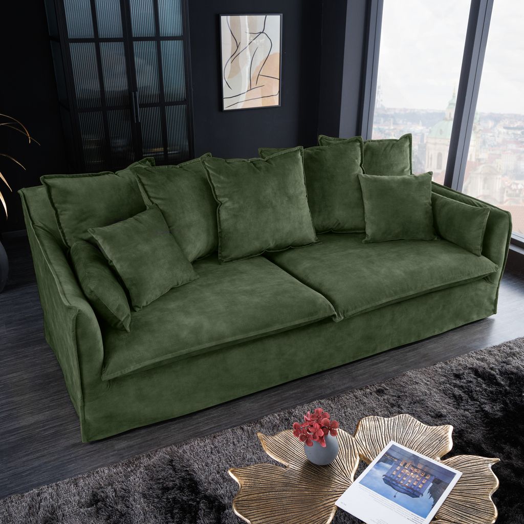 riess-ambiente Großes 3er Sofa HEAVEN 200cm dunkelgrün Samt Federkern waschbarer Bezug Hussensofa Couch Dreisitzer Sofa
