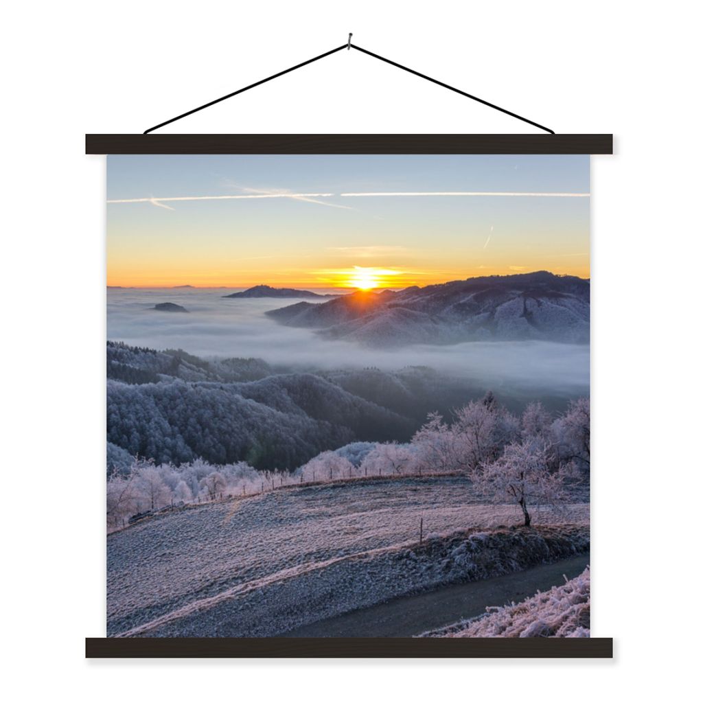 MuchoWow Textilposter Winter - Berge - Sonne - Abend 120x120 cm mit schwarzem Rahmen - Aufhängungsset
