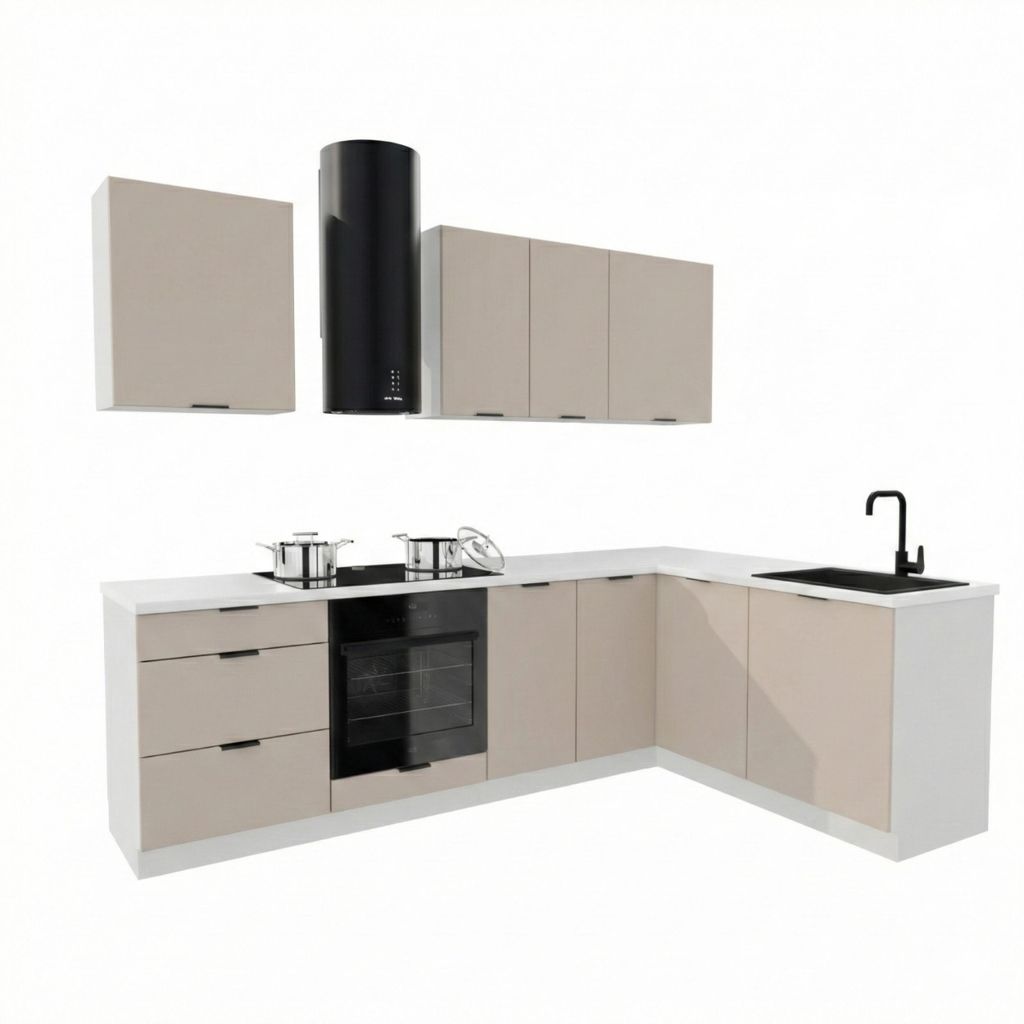Eckküche - 260x170 cm - Beige Matt - MDF - mit weißer Arbeitsplatte - Küchenzeile - mit Hängeschränke und Unterschränke - DENIS