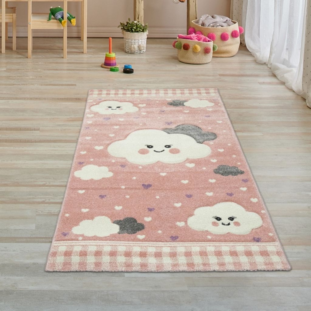 Kinderteppich Spielteppich mit Wolken in Rosa Größe - 80 x 150 cm