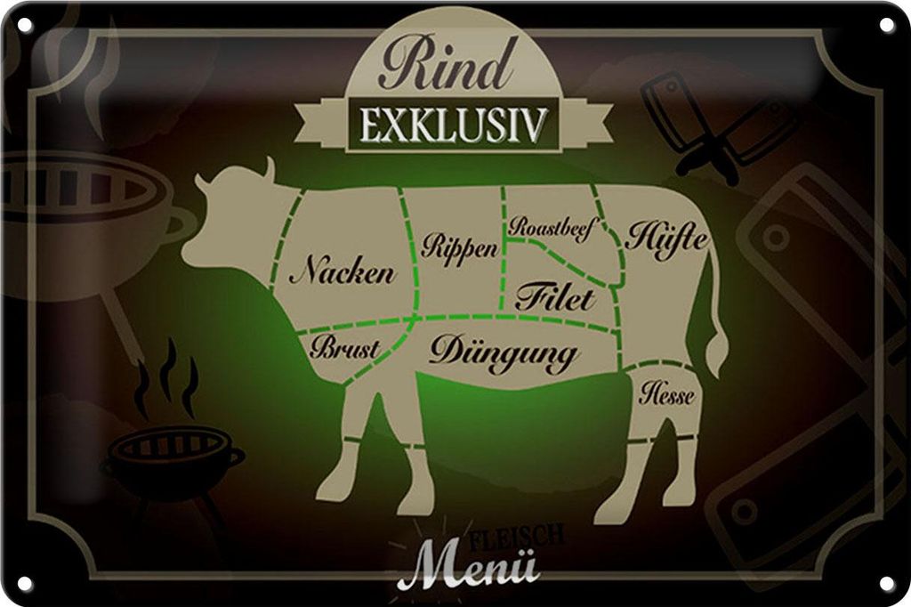Blechschild Fleisch 30x20cm Schnitte Rind exklusiv Menü