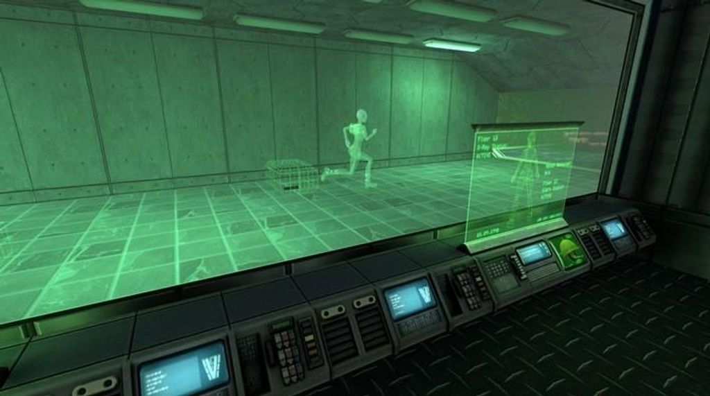 A futuristic laboratory or testing facility with a holographic display and a running figure.