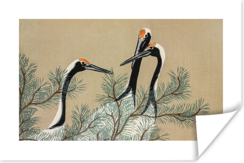 MuchoWow Poster Kranich - Blätter - Vintage - Japanisch - Skandinavisch 180x120 cm - Fotoplakat