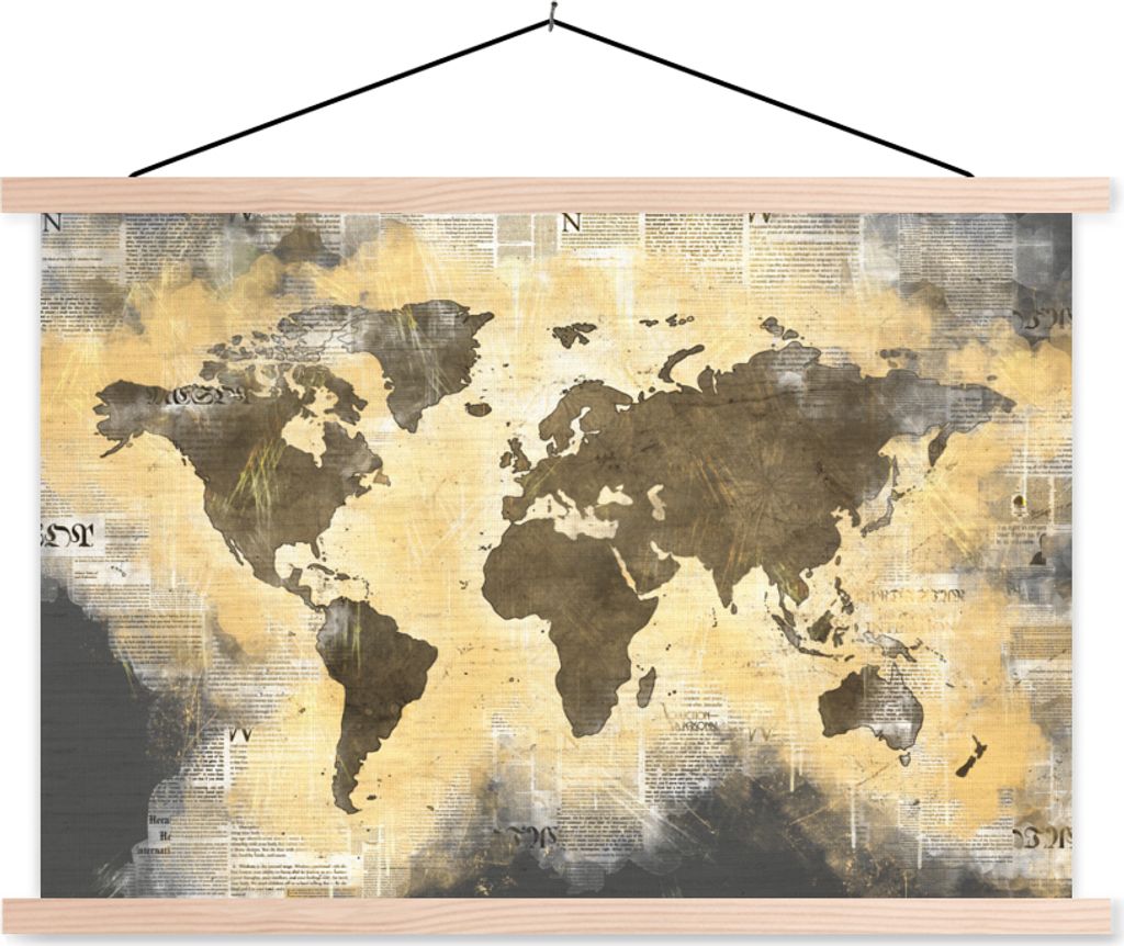 MuchoWow Textilposter Weltkarte - Gold - Zeitung 60x40 cm mit holzfarbenen Rahmen - Bilder