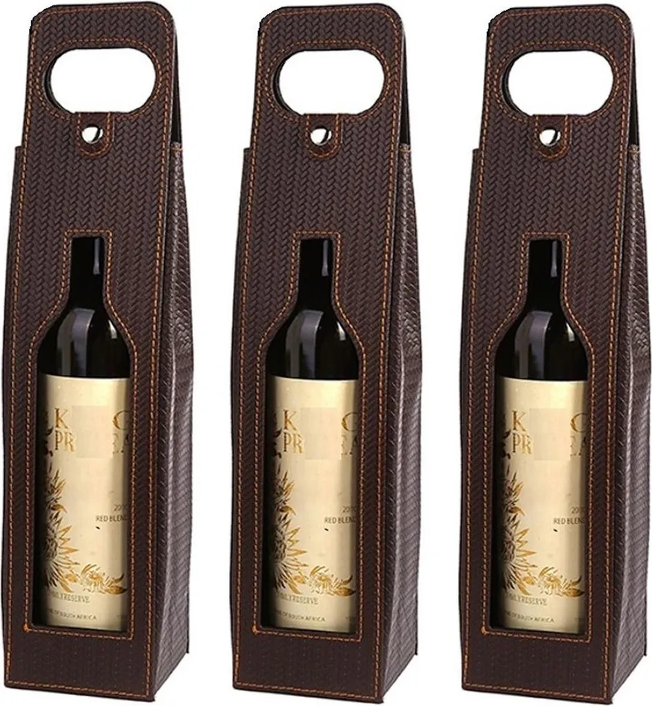 set di 3 sacchetti regalo in ecopelle dal look lussuoso in marrone | sacchetto per vino con ritaglio per bottiglia singola | sacchetto regalo riutilizzabile | sacchetto per vino | sacchetto per bottiglie portatile, sacchetto per bottiglie