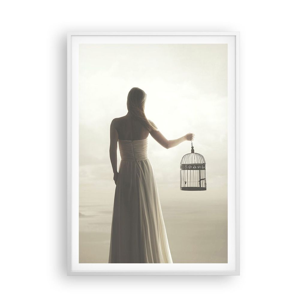 Gerahmtes Poster - Weißer Rahmen - Frau Käfig Vogel - 70x100 cm - Wand Bild - Wanddeko - Wandbilder - Kunstposter - Wandposter - Bilderrahmen - B...