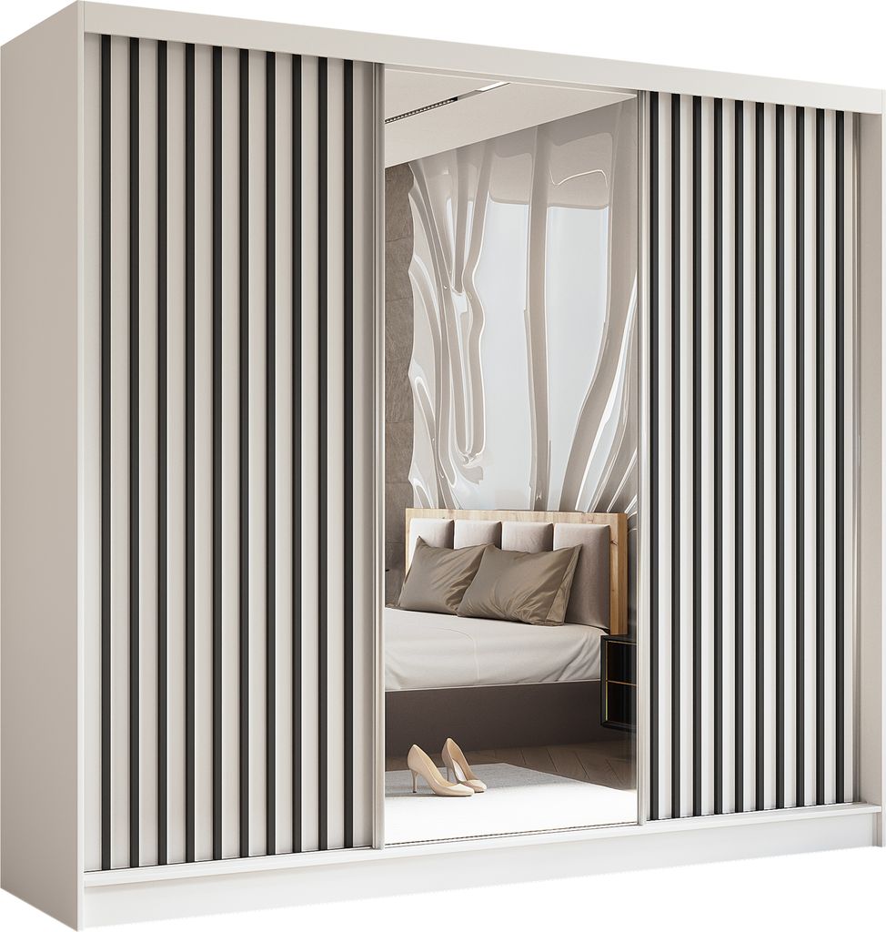 Masseno Schiebetürenschrank LAMELLO 240 cm Kleiderschrank Schlafzimmer Schrank 3-türig mit Spiegel und Lamellen Weiß