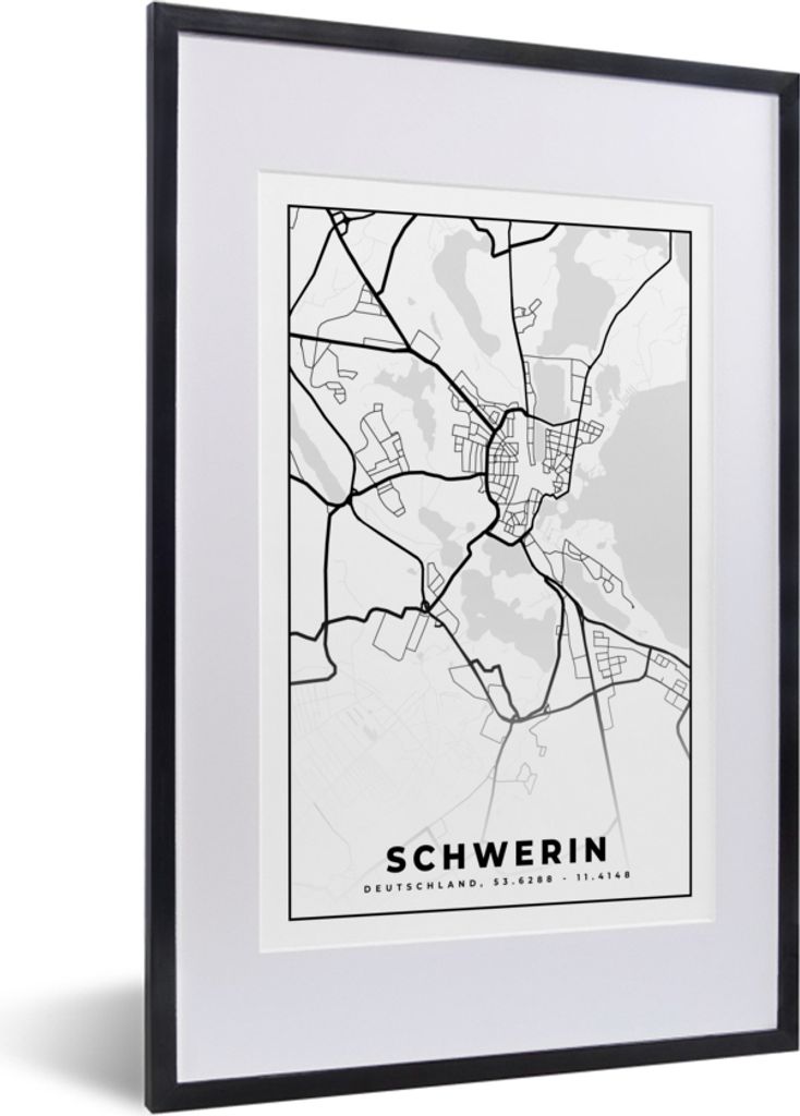 MuchoWow Gerahmtes Poster Karte - Schwerin - Stadtplan - Straßenplan 40x60 cm - Poster mit Schwarzem Bilderrahmen Wandposter Rahmen Foto Bilder ...
